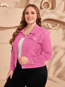 EMERY ROSE Plus Size Women's Casual Denim Jacket With Single-Breasted, Spring - Pink - View 3