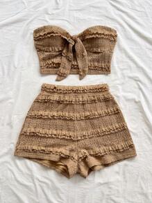 Soleia Set de 2 piezas para mujer de vacaciones: Top corto bandeau de textura acanalada de punto blanco con nudo de moño y pantalones cortos con cintura elástica