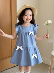 女童牛仔连衣裙带蝴蝶结装饰，夏季可爱小女孩宝宝公主裙，时尚夏装 - 淺色水洗藍 - 查看 7