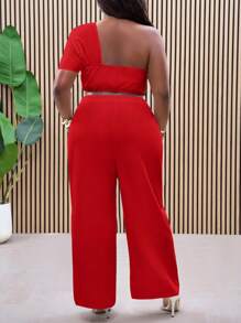 Slaydiva 2pcs Plus Size Set White Solid Color Off Shoulder Top And Long Pants, Casual & Stylish For Everyday Wear - Red - View 2