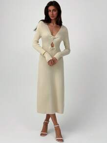 Aloruh 女士针织连衣裙，简约时尚，适合夏季 - 杏色 - 查看 3