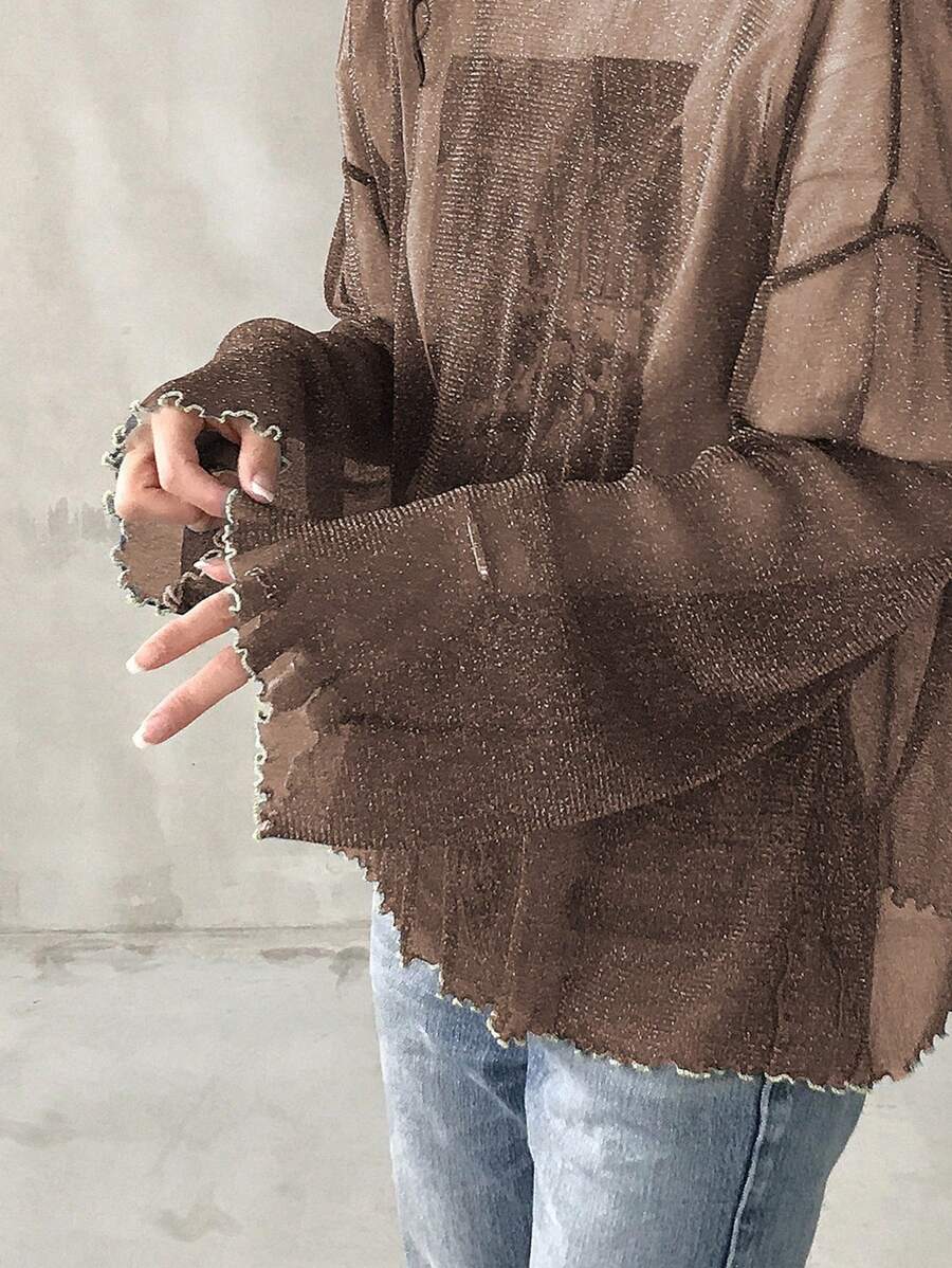 FRIFUL Women's Loose Mesh Overlay Blue Round Neck Blouse, See-Through For Spring/Summer Long Sleeve Women Tops