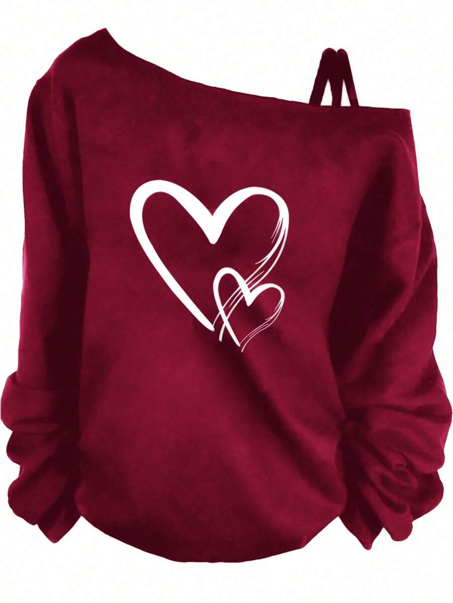 SHEIN LUNE Áo thun nữ không tay dài tay họa tiết trái tim, thích hợp cho mùa xuân và mùa thu, phong cách thường ngày. - Màu Đỏ Sâu - Xem 1
