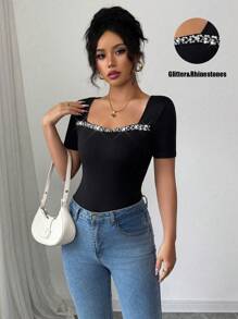 Chiquease Women's Square Neck Rhinestone Decorated Elastic Knit T-Shirt, Spring/Summer