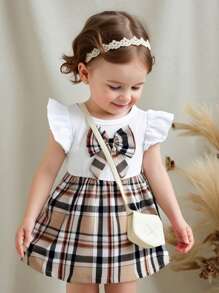 女婴可爱休闲优雅学院风棕色格子编织面料拼接白色舒适针织面料蝴蝶结装饰荷叶边下摆短袖 1 岁连衣裙。正面的棕色格子蝴蝶结增添了甜美俏皮的感觉，使整件连衣裙优雅而可爱。适合宝宝春夏季外出、聚会或日常穿着 - 卡其色 - 查看 4