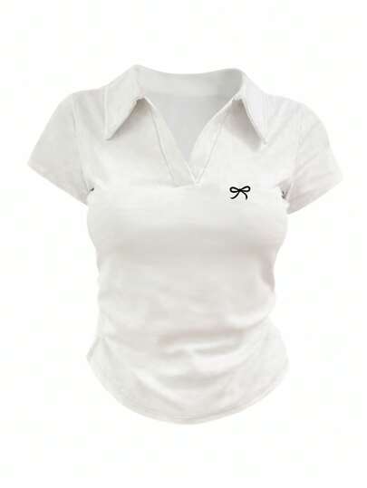 INAWLY Women's Collared Short Sleeve Bow Detail Casual Simple T-Shirt