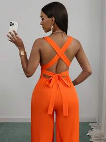 Slaydiva Mono de mujer con escote en V profundo, detalle de torsión, tirantes cruzados, cintura ceñida, color naranja, apto para múltiples ocasiones: festivales de música, Pascua, estilo western, bohemio, elegante, formal, boda, cumpleaños, graduación, estudiante, casual, diario, todo a juego, ocio, crucero, playa, tomar el sol