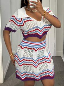 Slaydiva Ensemble Top en tricot à manches courtes et jupe, grande taille Y2431-1XL, minimaliste et à la mode, convient pour l'été - Multicolore - Voir 6