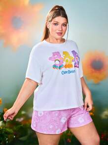 SHEIN X Care Bears Conjunto de pijama con estampado de oso de dibujos animados para tallas grandes