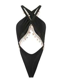 Swim SXY Women's Summer Vacation Sexy Beach Solid Color Textured Cross Front Hollow Back Shell Decor One-Piece Swimsuit - Black - View 6
