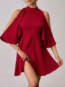 SHEIN Tall Women's Burgundy Commuter Bat Sleeve Off-Shoulder Halter Neck Loose A-Hem Dress Suitable For Weddings And Vacations - Burgundy - View 5