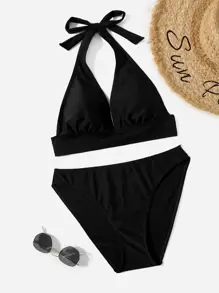 Swim Vcay Damen einfarbiger Bikini-Top mit Neckholder und Bindebändern am Rücken und Bikinihose Set