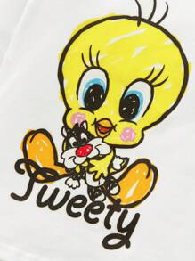 LOONEY TUNES X SHEIN Bộ 2 áo thun tay ngắn cổ tròn in hình chú chim Tweety hoạt hình cho bé gái và quần legging in họa tiết màu tím - trắng - Xem 3