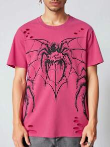 ROMWE MEN Anime Men's Gothic Spider Distressed Snow Washed T-Shirt, Spring/Summer, Halloween - Pink - View 3