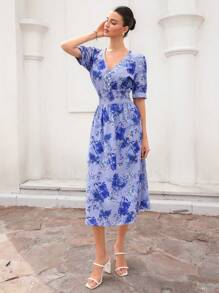 GENKIRA French Retro Tea Break Printed Elegant Shirred Button Front Cinched Waist Fitted Lantern Sleeve Midi Dress For Women Boho Vacation Fashionable Style All Over Print For Summer Spring Fall Autumn - Multicolor - View 6