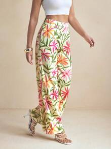 Miriam Omar Pantalons longs large à motif floral coloré pour le printemps, tenue de vacances d'été décontractée pour femmes