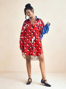 SHAQUITA GARCIA Red Polka Dot Print Oversized Dropped Shoulder Loose Shirt Dress With Pockets Summer Vacation Shirt Women's Business Casual Loose Shirt, Office - Multicolor - View 6
