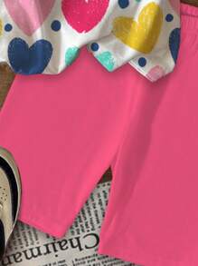 SHEIN Leap Crew 2pcs/Set Colorful Heart Print Casual Tween Girls Short Sleeve T-Shirt And Shorts Set, Suitable For Summer - Multicolor - View 6