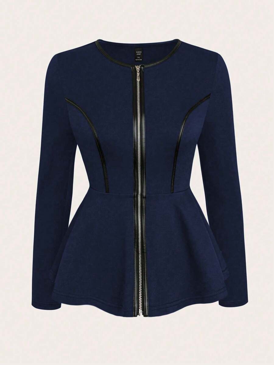 SHEIN Clasi Women Round Neck Ruffled Hem Zip-Up Jacket, Long Sleeve - Navy Blue - View 1
