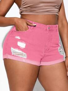 Slaydiva Plus Size Summer Casual Distressed Denim Shorts - Pink - View 3