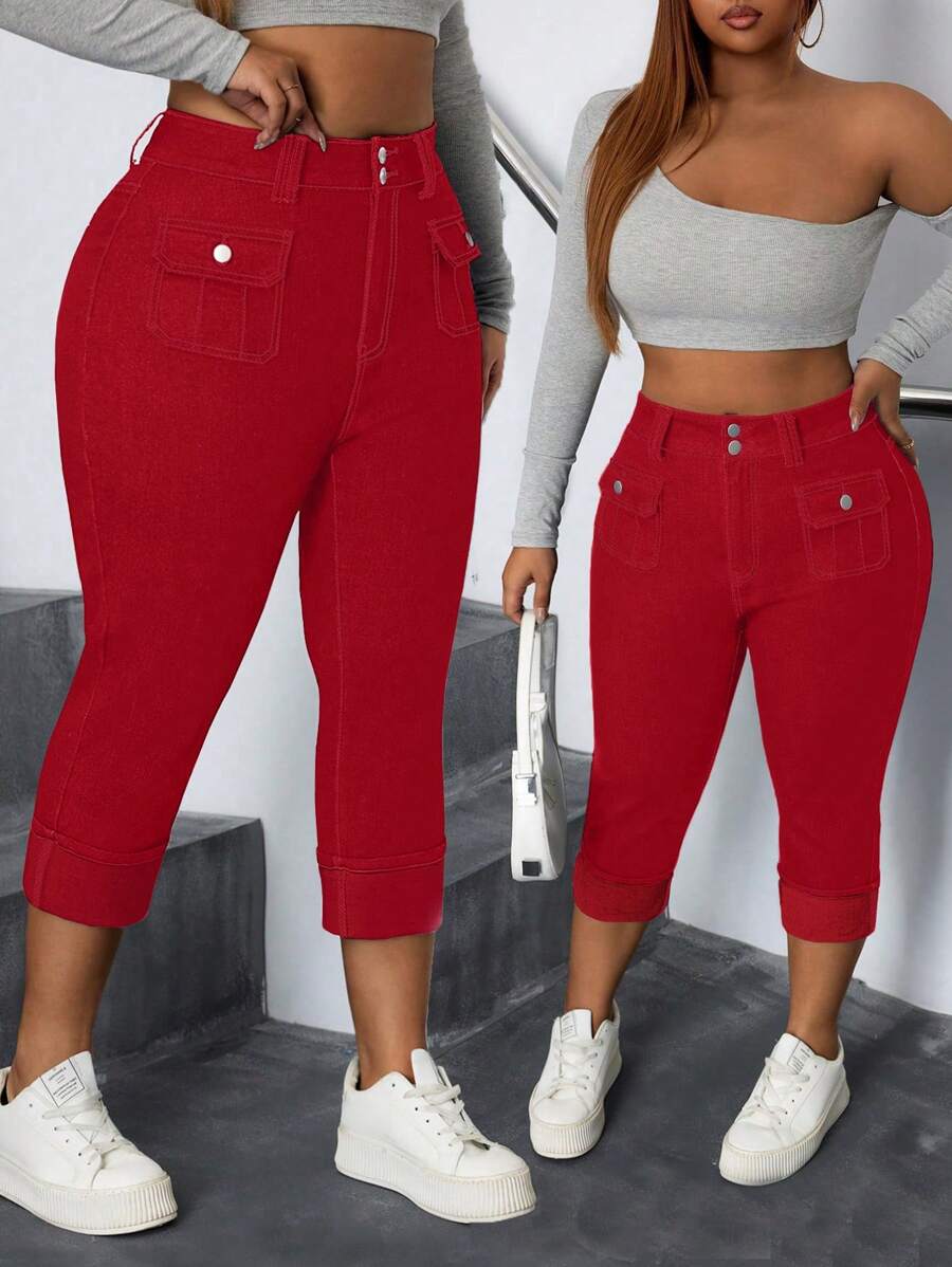 Quần denim co giãn cỡ lớn thường ngày - Đỏ - Xem 1