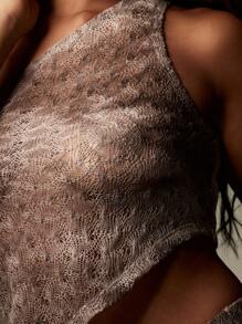 MISSGUIDED Textured Crochet Two-Piece Co-Ord Set One Shoulder Crop Top Bell Bottom Pants Set Party Club Festival Summer Beach Resort Wear Set - Coffee Brown - View 7