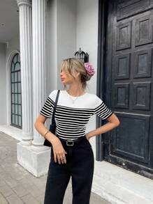 Pariaura Áo thun tay ngắn hở lưng kẻ sọc kiểu Pháp dành cho nữ, Xuân/Hè - màu đen - Xem 6