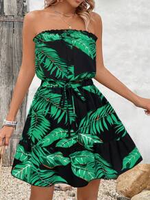 Breezaya 女士度假风花卉印花荷叶边下摆短款吊带背心连衣裙 - 綠色 - 查看 5