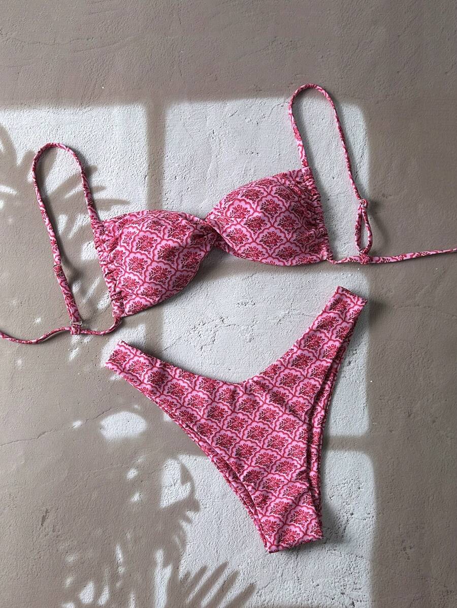 Swim Mod Springbreak 女士细肩带扭纹交叉印花高开叉性感比基尼套装沙滩装 - 彩色 - 查看 1