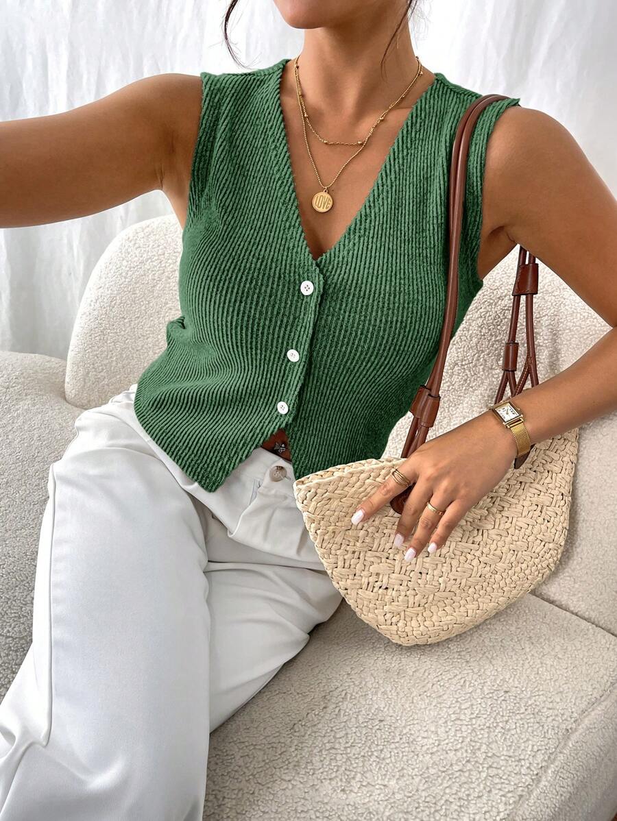 SHEIN Frenchy Áo ba lỗ cổ chữ V đơn hàng khuy đơn màu đơn giản dành cho nữ - Màu xanh lá cây đậm - Xem 1