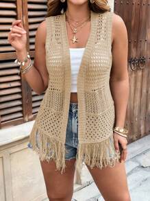 SHEIN Clasi Plus Size Women Solid Color Beach Fringe Hollow Sleeveless Cardigan - Apricot - View 3