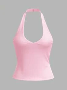 SHEIN BASICS 女士休闲纯色针织挂脖上衣 - 粉色 - 查看 5