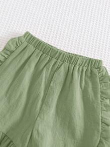 Cozy Pixies 2 件装女婴花卉印花圆领短款泡泡袖荷叶边下摆套头衫和腰部弹力短裤套装