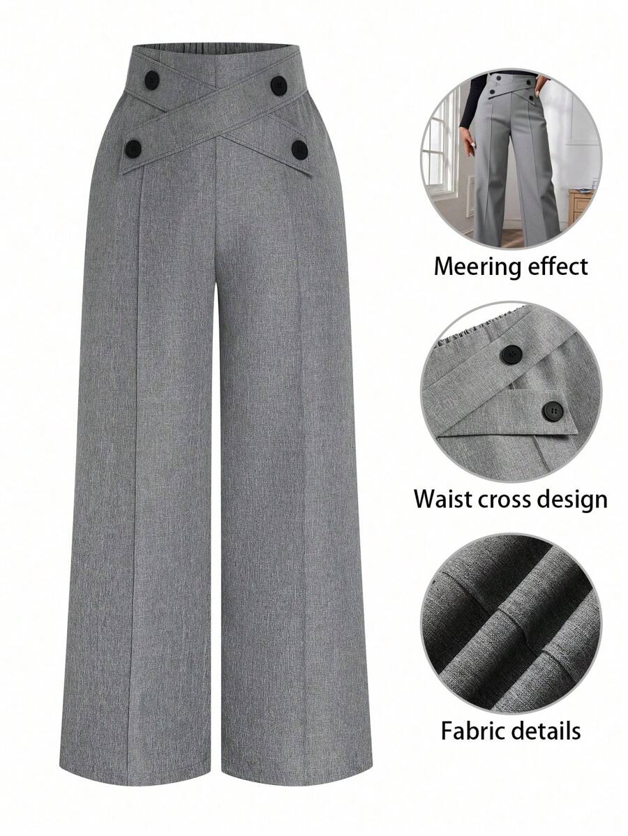 Calvaya Plus Size Women Button Decorated Waist Crossed Front Seam Long Wide Leg Casual Pants Fall Cloth For Women