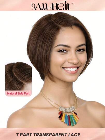 Chocolate Brown Bob Wig Pixie Cut Human Hair Straight Brazilian Virgin Lace Front Wigs For Women T Part #4 Brown Colored Short Bob Wig Natural Hairline