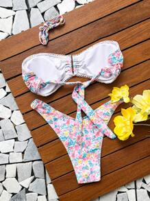 SHEIN Swim 2pcs/Set Women Floral Print Sexy Ruffled Bikini Set With U Neck, For Vacation For Summer - Multicolor - View 2