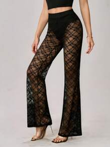 SHEIN Tall Y2K夏季蕾丝三角裤带三角裤防走光透视阔腿裤时尚百搭 - 黑色 - 查看 6