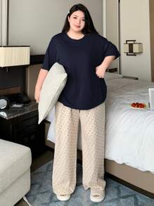 Dazy Plus Conjunto de Camisa de Pijama de Gola Redonda de Cor Sólida e Calça de Pijama Estampada, Terno de Sleepwear Para Todas as Estações