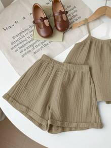 SHEIN LMoss Kids 2pcs Young Girls Summer Casual Loose Spaghetti Strap Camisole And Pleated Hem Shorts Set - Grey - View 5