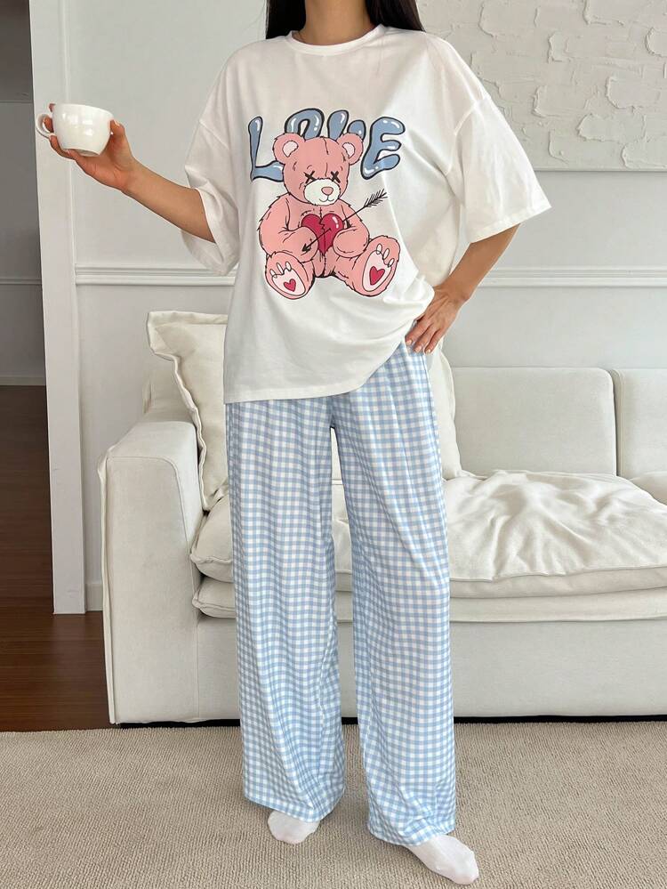 2pcs/Set Women Bear Print Loose Short Sleeve Plaid Long Pants Pajama Set, Summer