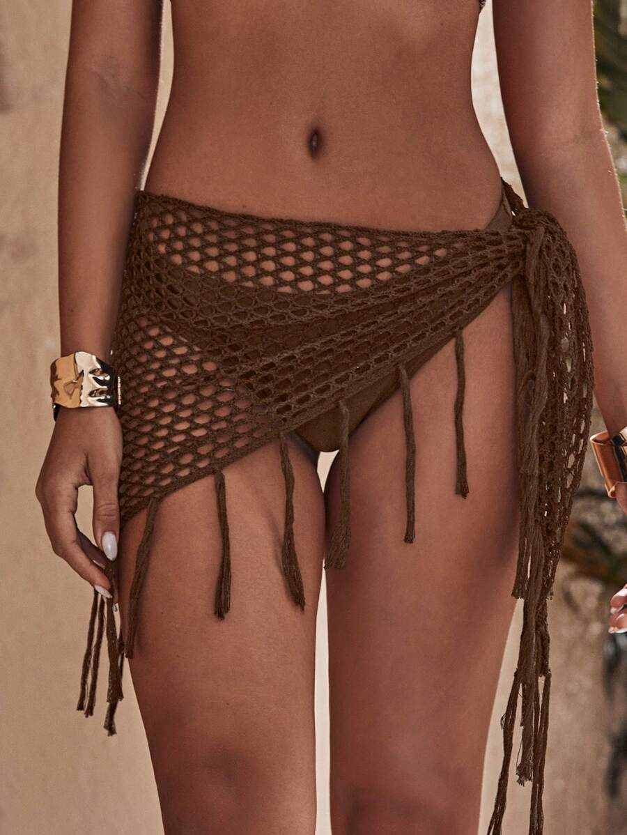 Swim Vcay 女士棕色流苏网眼针织打结透明罩衫，性感海滩音乐节服装，春夏 - 巧克力棕 - 查看 1