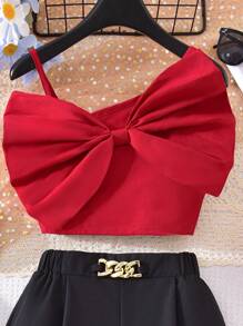 Sparklyn 2pcs/Set Tween Girls Red Bow Strap Tank Top Matching Black Shorts With Metal Waistband, Elegant Spring/Summer Outfit Summer Holiday - Red - View 3
