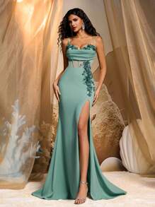 Glamrae Gaun Mermaid Mewah Elegan dengan Payet, Desain Bunga 3D, Belahan Elastis, dan Detail Kerutan, Cocok untuk Tamu Pernikahan, Pesta, Perjamuan, dan Gaun Malam Formal - Hijau - View 2