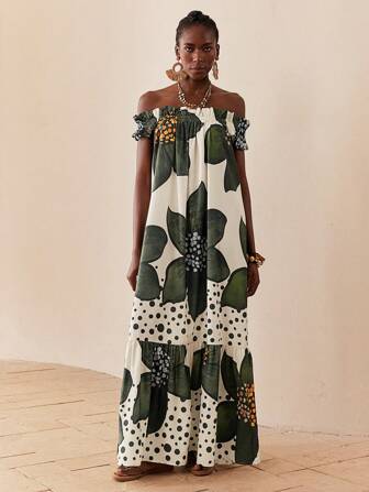 SHEIN Lady Feiertags vertikale Codeprinting Feiertags Druck Schulterfrei Kurzarm Damen Bademantel Braut Feiertags Party Kleid Strand Damen Hoch Taille Schlank Kleid Feiertags leicht Weiß Elegantes Strandoutfit