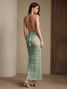 Anewsta 2 件套手工钩编镂空针织性感合身度假休闲套装，适合春夏季 - 薄荷綠 - 查看 2