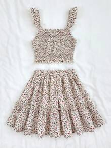 SHEIN Teen Girl Vacation Elegant Casual Ditsy Floral Ruffled Bust Camisole And High-Low Frill Trim Ruched Skirt Set, Suitable For Concert, Ibiza, Vacation, Bohemian, Boho Clothing, Summer Shorts, Beach Vacation Outfits, Summer Wear