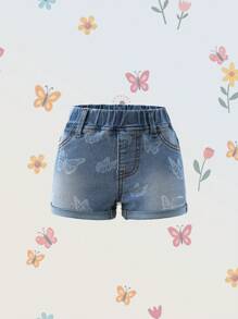 Denimly 女婴休闲日常都市街头风格可爱蝴蝶水印花松紧腰卷边下摆牛仔短裤 - 中等水洗藍 - 查看 1