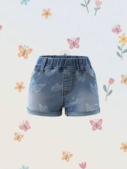 Denimly 女婴休闲日常都市街头风格可爱蝴蝶水印花松紧腰卷边下摆牛仔短裤