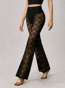 SHEIN Tall Y2K夏季蕾丝三角裤带三角裤防走光透视阔腿裤时尚百搭 - 黑色 - 查看 7