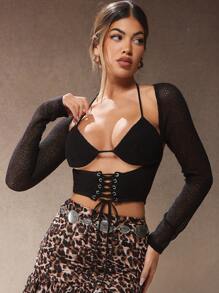 Hauture Women's Sexy Festival Party Net With Sequin Long Sleeves Top With Front Tie Detail - Black - View 1